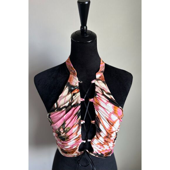 NWT H:OURS REVOLVE Women's Ignacia Crop Top in Pink Butterfly Lace Up Size M - Picture 7 of 10